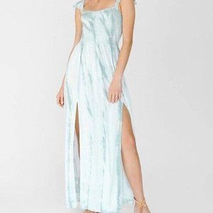 "WHITE CROW" AQUA RUFFLED STRAPS ELASTIC SMOCKED TIE DYE MAXI DRESS SIZE: L